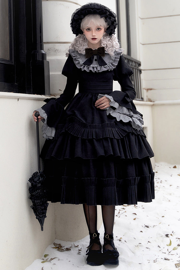 Black [Chapter of the Night] Long Hime Sleeves Ruffle Bowknot Gothic Lolita Dress