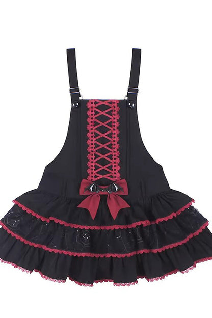 Black/Red [Showa Cake] Sleeveless Triple-Layered Ruffled Bow Lace-Up Witch Gothic Lolita Jsk Dress