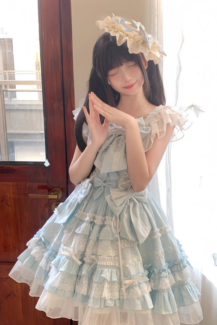 Blue [Snow Top Doll] Sleeveless Multi-Layered Ruffled Bow Lace Princess Sweet Lolita Tiered Dress