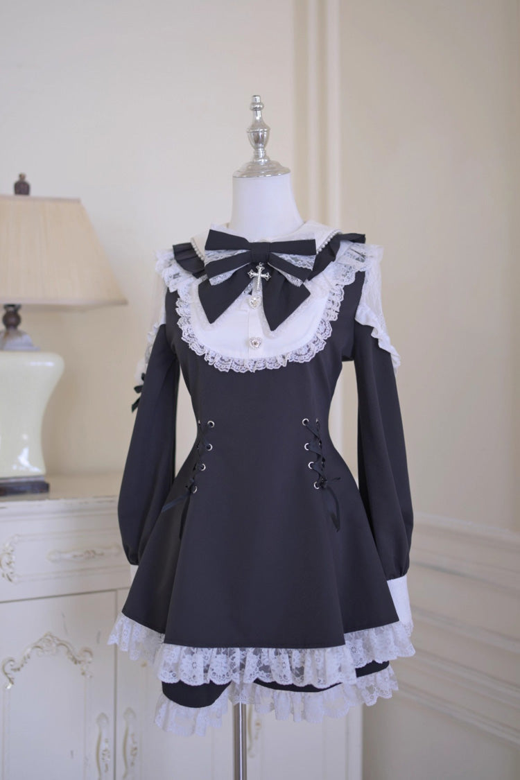 Black/White [Divine love] Long Sleeves Hollow Bowknot Lace Lace-Up Sweet Jirai Kei Dress Shorts Set
