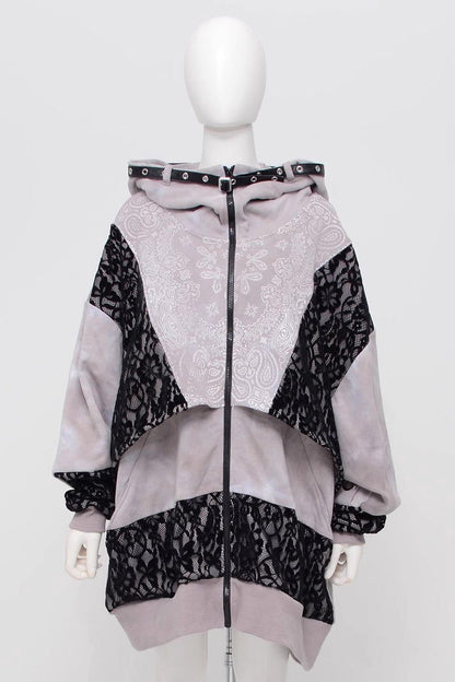 Color Blocking Long Sleeves Print Hooded Tie-dyed Zipper Jirai Kei Japanese Coat