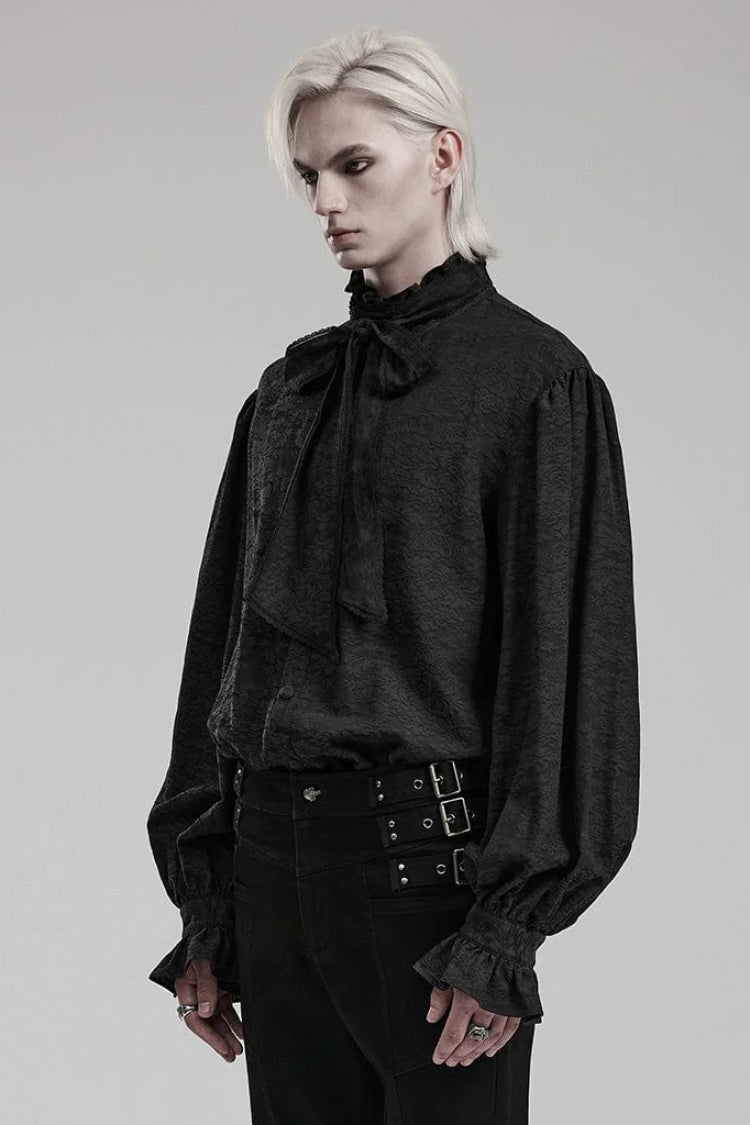 Black Stand Collar Long Puff Sleeves Jacquard Print Mens Gothic Blouse with Necktie