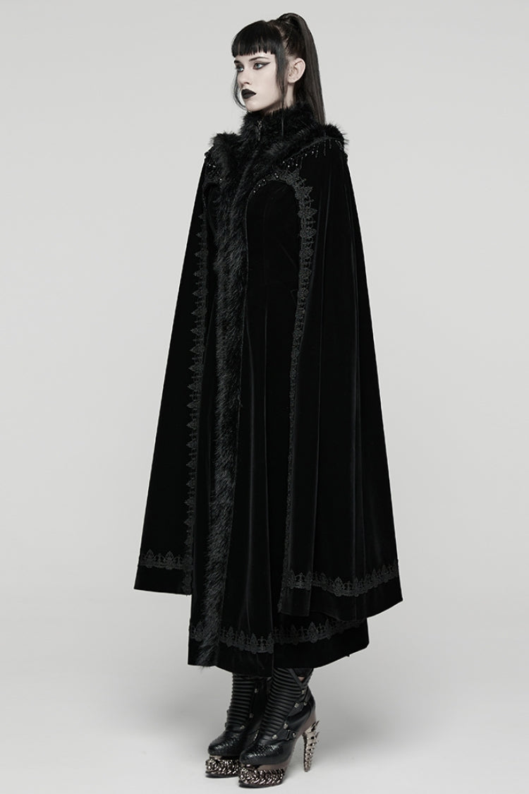 Black Stand Collar Embroidered Lace-Up Women's Gothic Coat