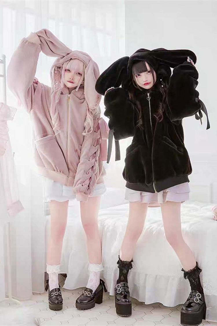Black Rabbit Ears Long Sleeves Bowknot Lace-Up Hooded Jirai Kei Coat