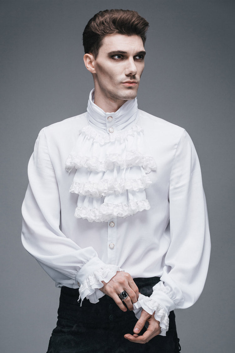 White Ruffled Lace Button-Up Micro-bullet Chiffon Long Sleeve Men's Gothic Shirt