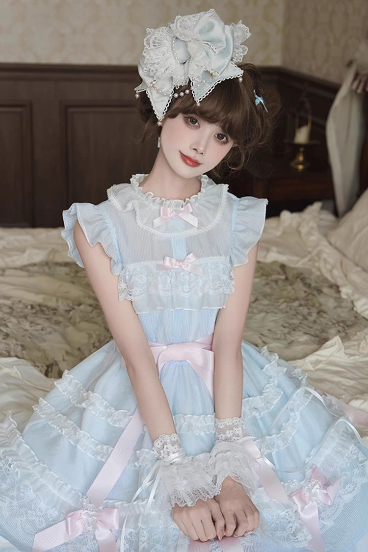 Blue [Frosted Cake] Stand Collar Sleeveless Ruffled Bow Lace Sweet Japanese Princess Lolita Tiered Dress