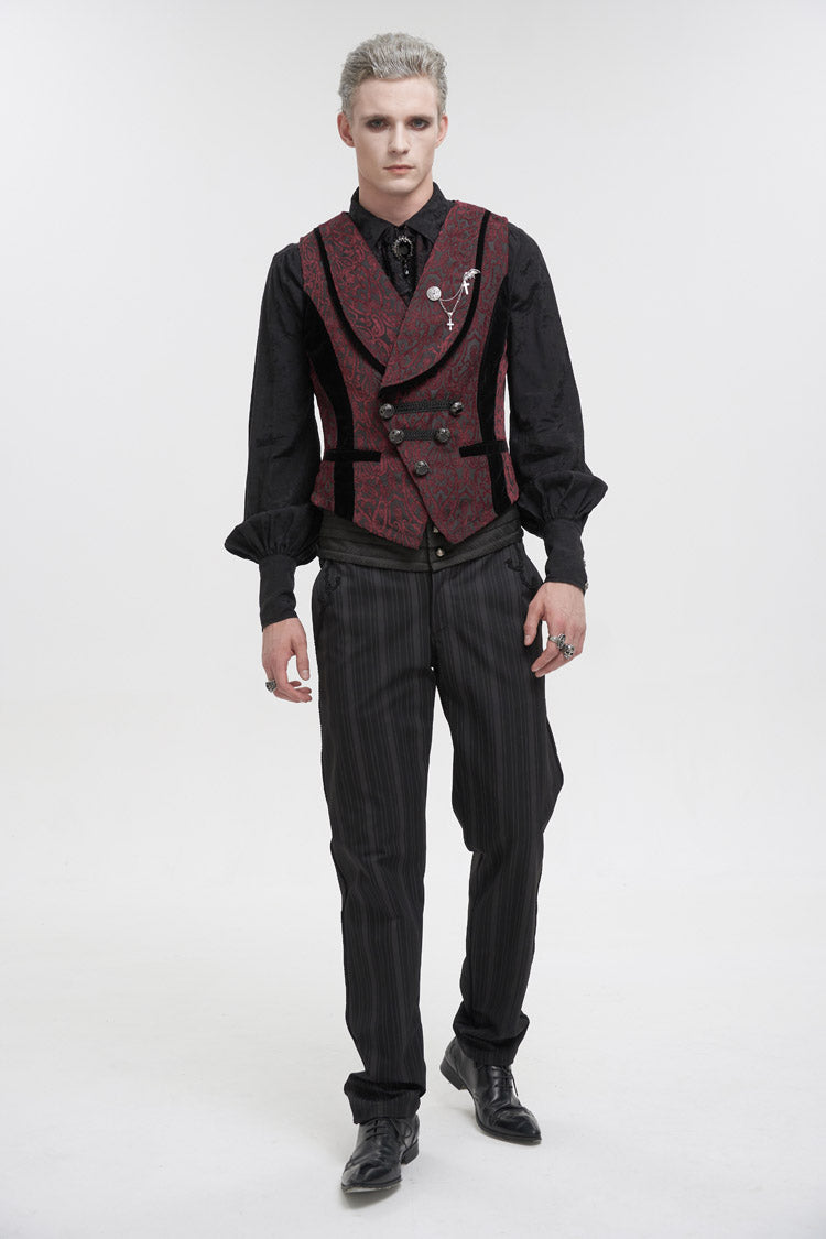 Red Slim Retro Jacquard Chest Metal Chain Cross Men's Gothic Vest