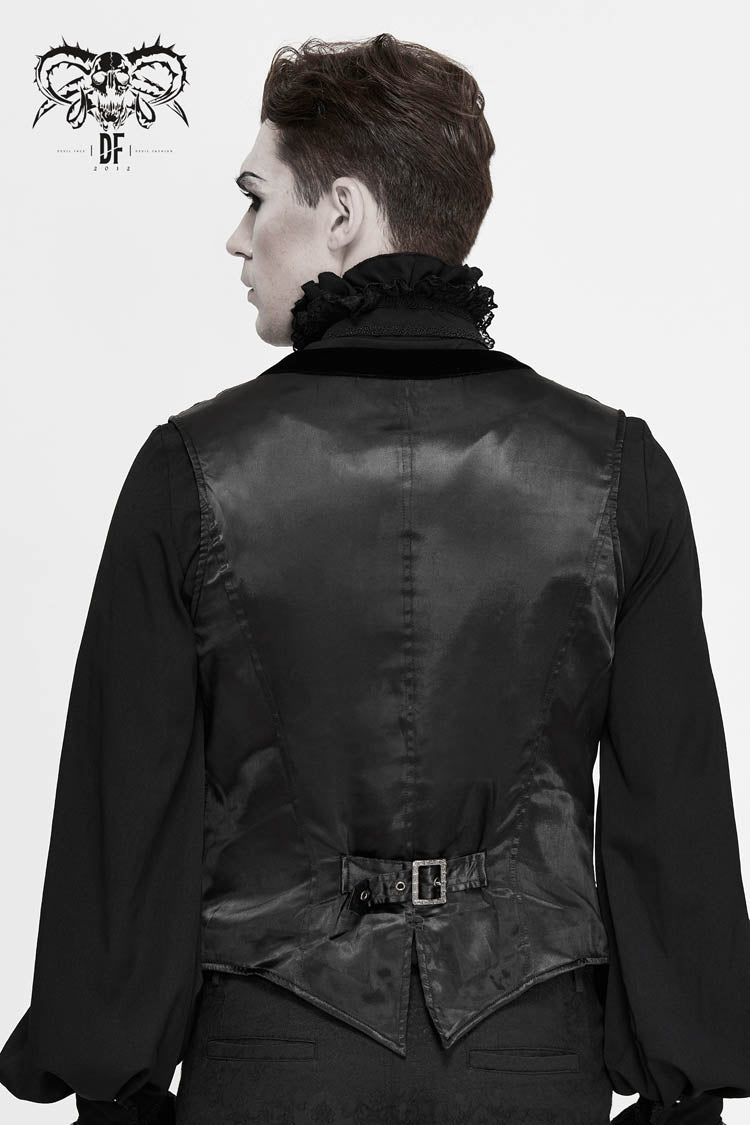 Black Velveteen Asymmetrical Pleated Splice Waist Loop Men's Gothic Waistcoat
