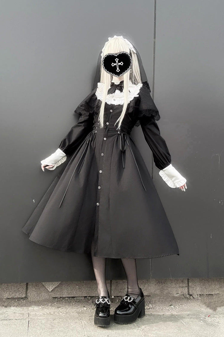 Black/White [Silent Prayer] Long Sleeves Ruffled Bow Lace-Up Gothic Jirai Kei Long Dress