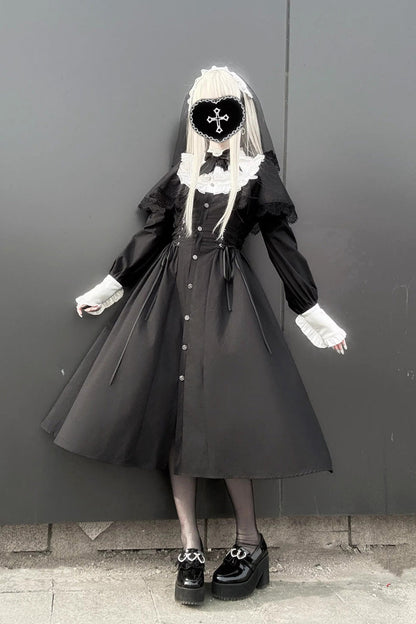 Black/White [Silent Prayer] Long Sleeves Ruffled Bow Lace-Up Gothic Jirai Kei Long Dress