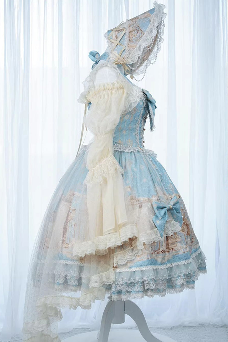 Blue [Unicorn] Print Sleeveless Multi-Layered Embroidery Bowknot Lace Sweet Lolita Jsk Dress