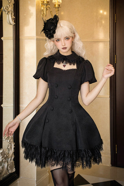 Black [Midnight Whisper] Double-breasted Short Sleeves Hollow Gothic Lolita Dress