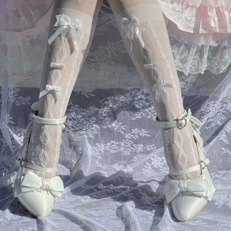 Ruffled Bow Lace Sweet Elegant Lolita Pointed Toe High Heels 4 Colors