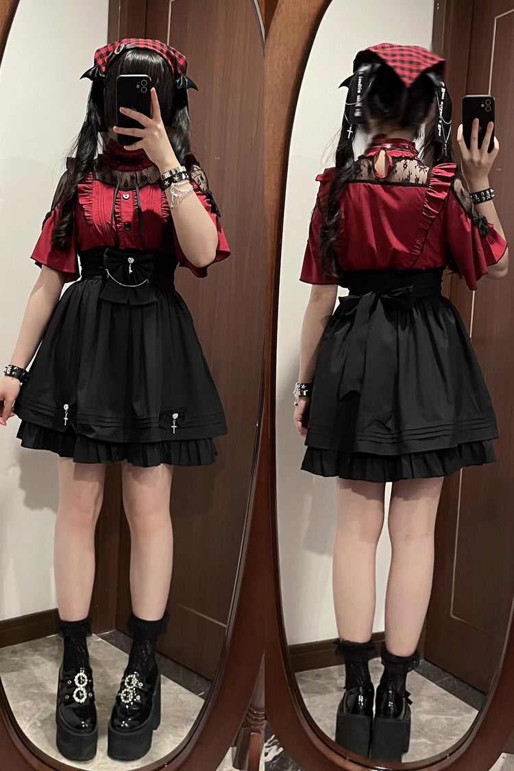 Magical Girl Short Sleeves Ruffle Embroidery Bowknot Lace Sweet Jirai Kei Lolita Set 4 Colors