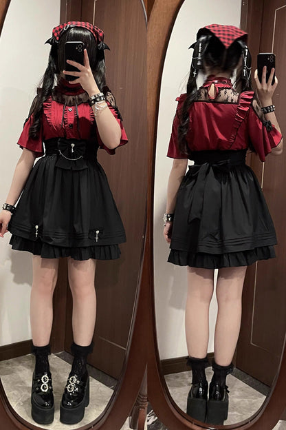 Magical Girl Short Sleeves Ruffle Embroidery Bowknot Lace Sweet Jirai Kei Lolita Set 4 Colors