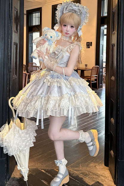 Blue [Blossoming Heart Love ] Sleeveless Dark Jacquard Print Bowknot Lace Sweet Lolita Jsk Dress