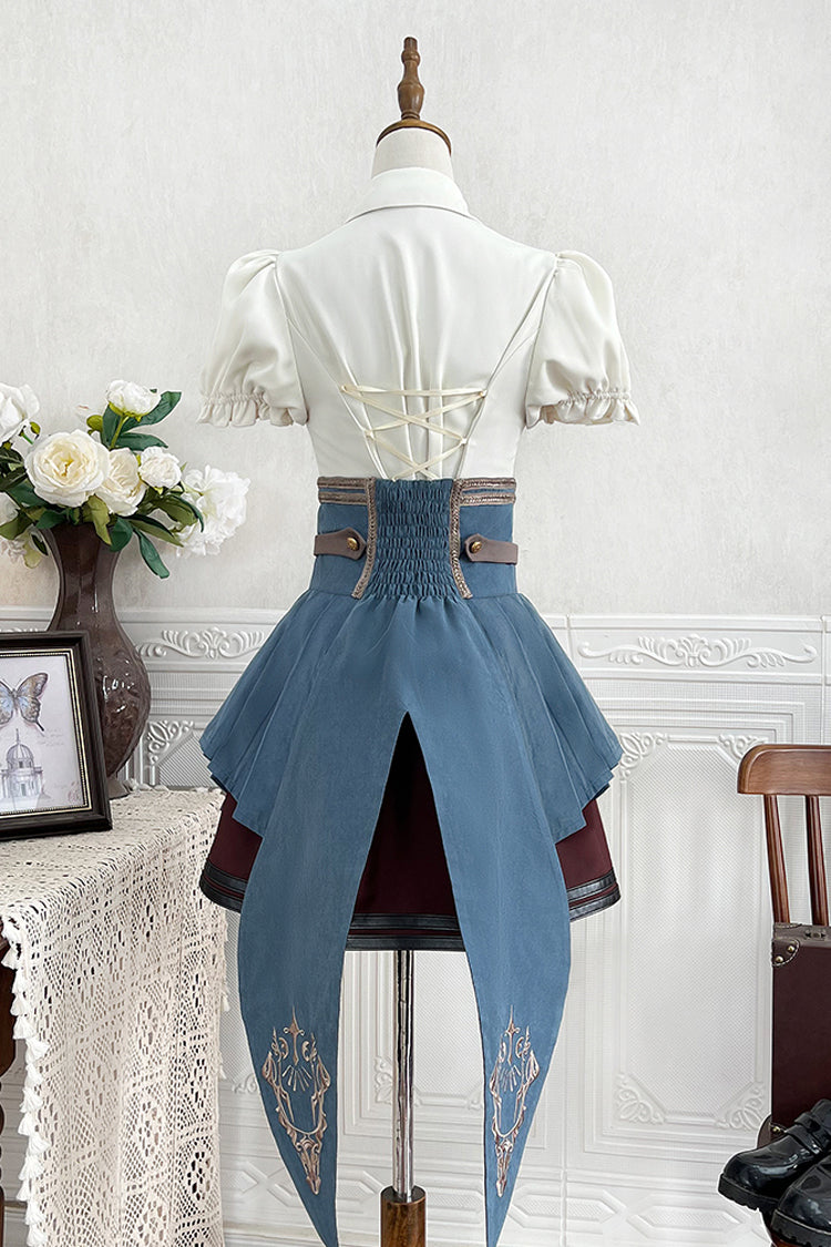 Gothic Fashion Top - Fairy Town Train Conductor, White/Blue/Brown, Embroidered, Punk Style - additional product view 3