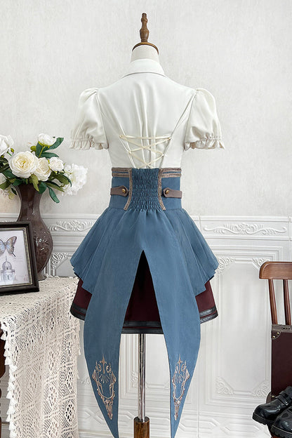 Gothic Fashion Top - Fairy Town Train Conductor, White/Blue/Brown, Embroidered, Punk Style - additional product view 3