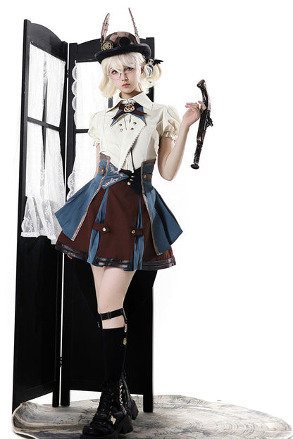 Gothic Fashion Top - Fairy Town Train Conductor, White/Blue/Brown, Embroidered, Punk Style - additional product view 4