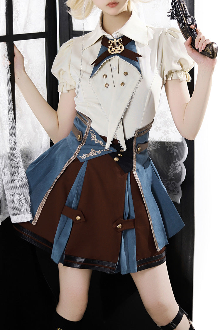 Gothic Fashion Top - Fairy Town Train Conductor, White/Blue/Brown, Embroidered, Punk Style - additional product view 5