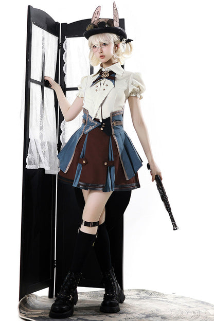 Gothic Fashion Top - Fairy Town Train Conductor, White/Blue/Brown, Embroidered, Punk Style - additional product view 6