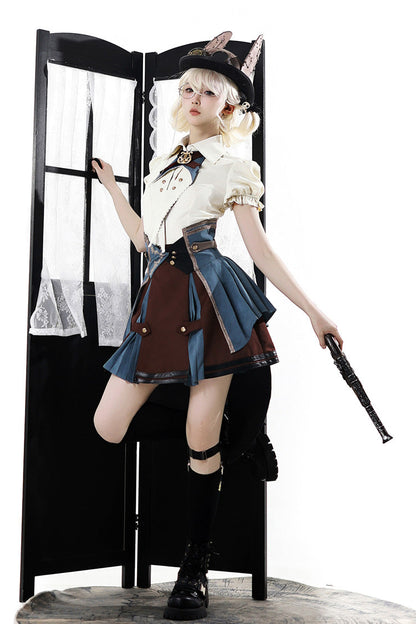 Gothic Fashion Top - Fairy Town Train Conductor, White/Blue/Brown, Embroidered, Punk Style - additional product view 7
