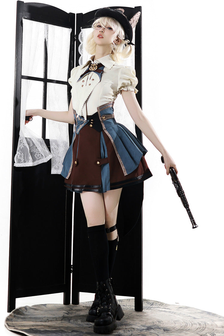 Gothic Fashion Top - Fairy Town Train Conductor, White/Blue/Brown, Embroidered, Punk Style - additional product view 8