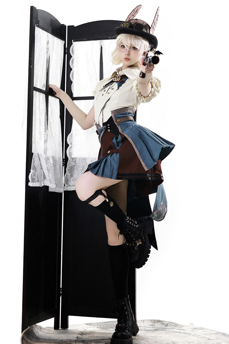 Gothic Fashion Top - Fairy Town Train Conductor, White/Blue/Brown, Embroidered, Punk Style - additional product view 9
