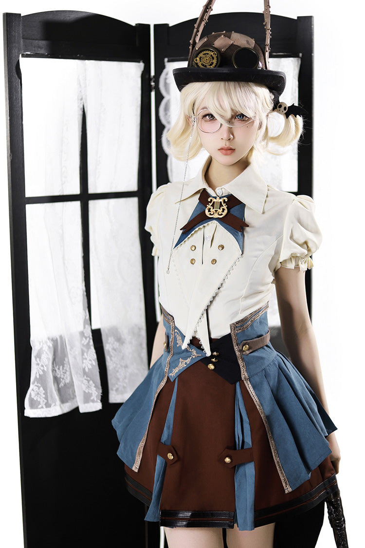 Gothic Fashion Top - Fairy Town Train Conductor, White/Blue/Brown, Embroidered, Punk Style - additional product view 11
