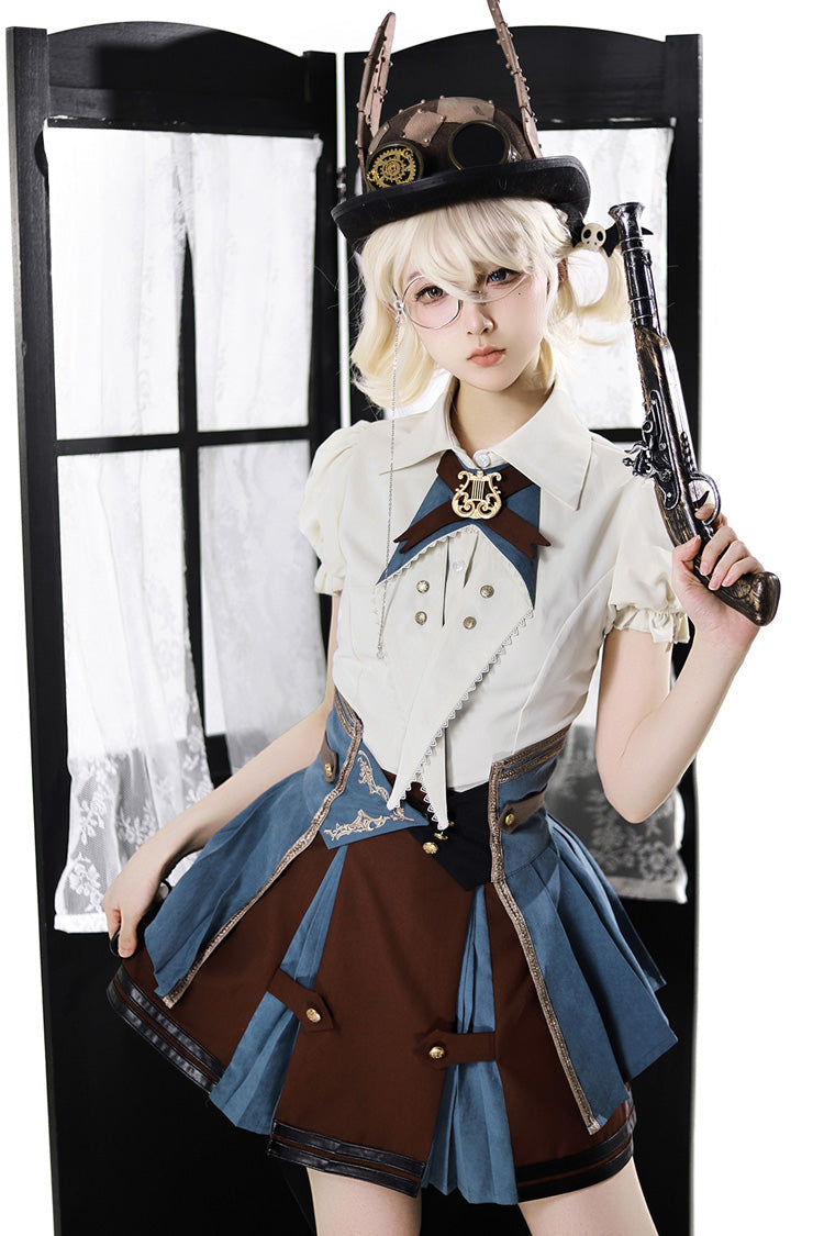 Gothic Fashion Top - Fairy Town Train Conductor, White/Blue/Brown, Embroidered, Punk Style - additional product view 12