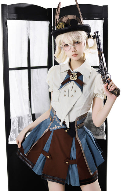 Gothic Fashion Top - Fairy Town Train Conductor, White/Blue/Brown, Embroidered, Punk Style - additional product view 12
