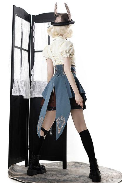 Gothic Fashion Top - Fairy Town Train Conductor, White/Blue/Brown, Embroidered, Punk Style - additional product view 13
