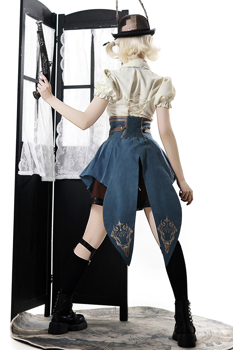 Gothic Fashion Top - Fairy Town Train Conductor, White/Blue/Brown, Embroidered, Punk Style - additional product view 14