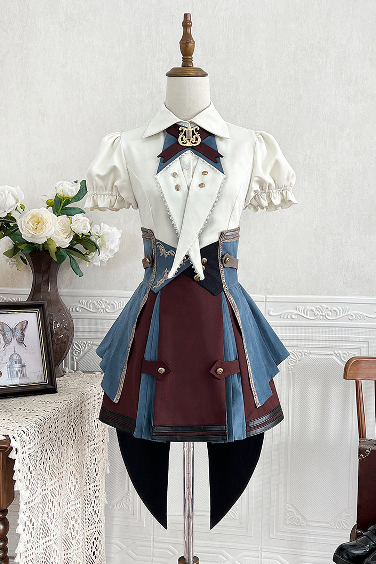 Gothic Fashion Top - Fairy Town Train Conductor, White/Blue/Brown, Embroidered, Punk Style - main product image