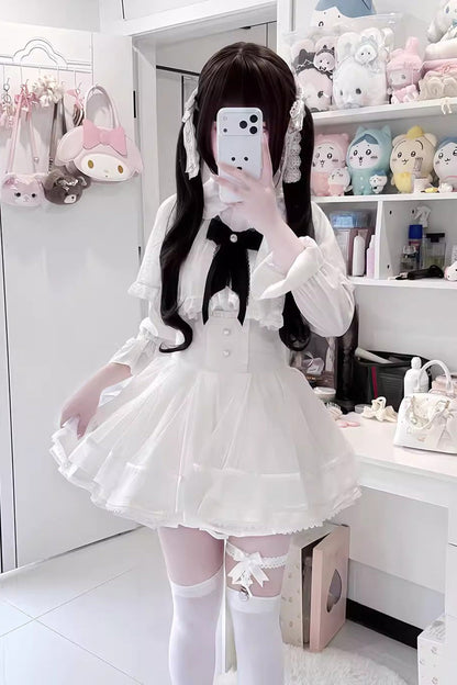 Gothic Fashion Top - Law Of Disorder, 6 Colors, Lace Trim, Long Sleeves, Sweet Style - S Skirt(White) / M Skirt(White) / L Skirt(White) option
