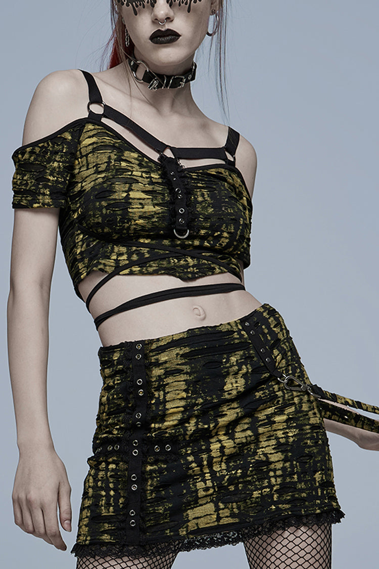 Gothic Fashion Top - Off Shoulder, 2 Colors, Women's Style, Printed - S Black/Yellow / L Black/Yellow / 2XL Black/Yellow option