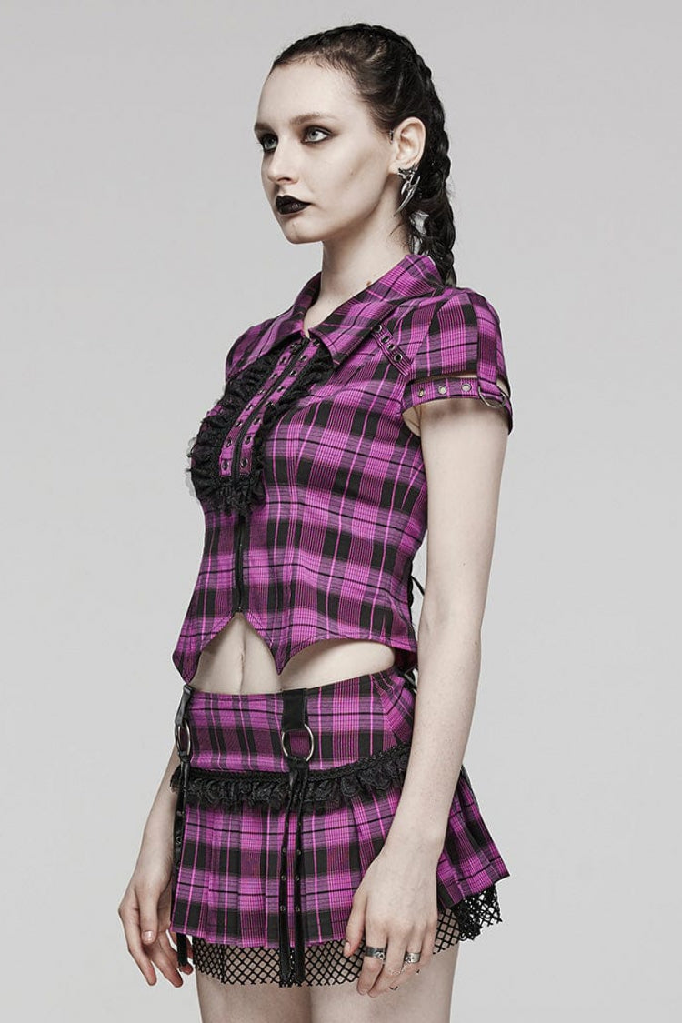 Gothic Fashion Top - Plaid Print Hollow Lace, 2 Colors, Plaid, Women's Style, Printed - additional product view 2