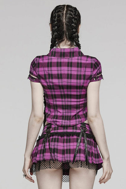 Gothic Fashion Top - Plaid Print Hollow Lace, 2 Colors, Plaid, Women's Style, Printed - additional product view 3