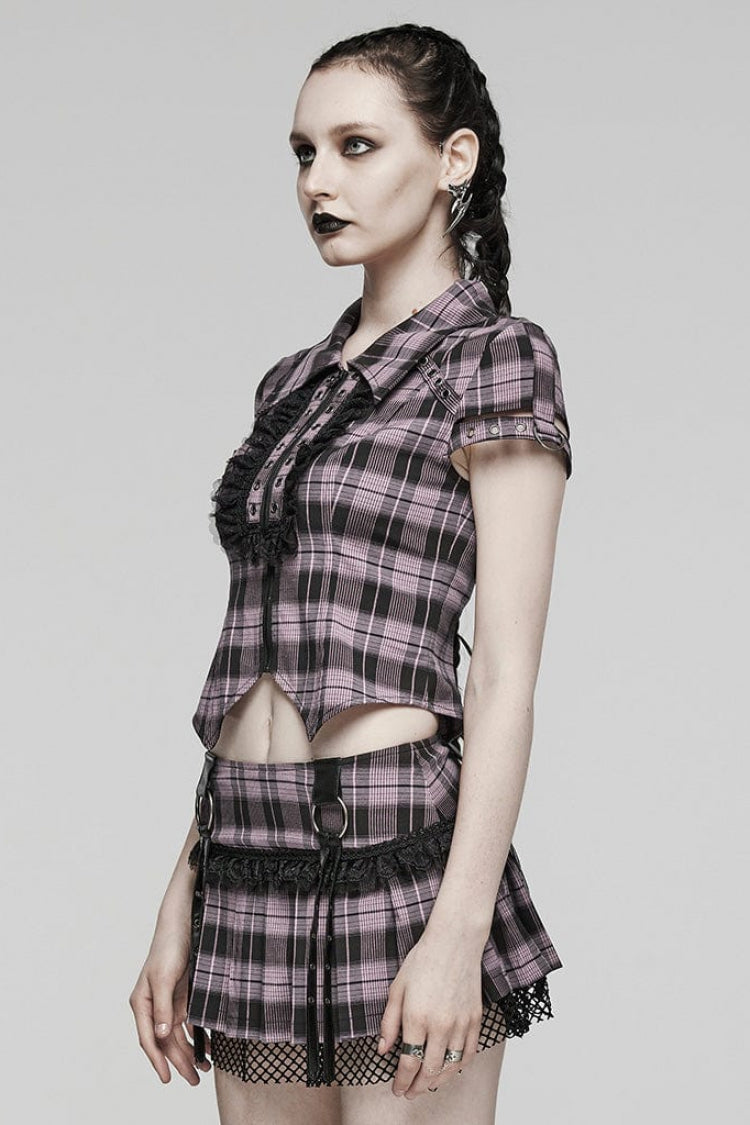 Gothic Fashion Top - Plaid Print Hollow Lace, 2 Colors, Plaid, Women's Style, Printed - additional product view 6