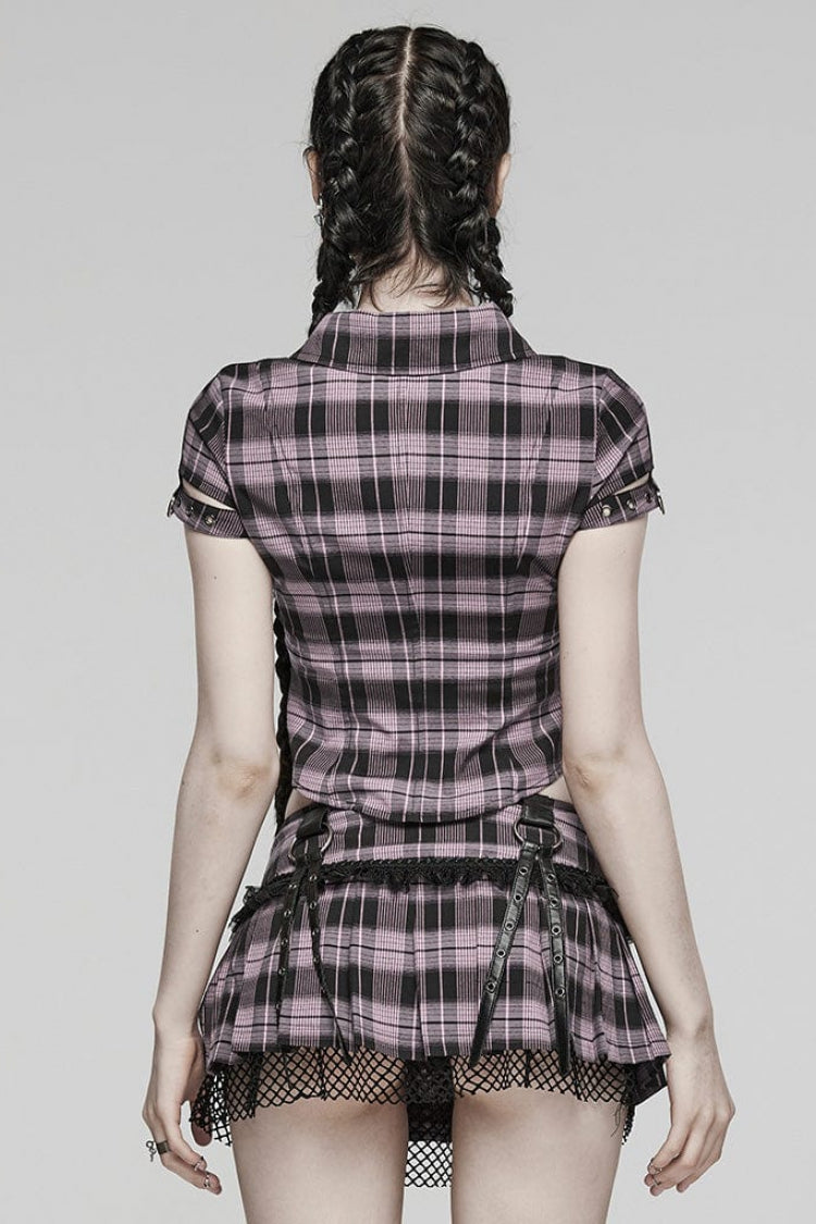 Gothic Fashion Top - Plaid Print Hollow Lace, 2 Colors, Plaid, Women's Style, Printed - additional product view 7