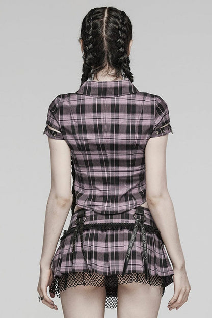 Gothic Fashion Top - Plaid Print Hollow Lace, 2 Colors, Plaid, Women's Style, Printed - additional product view 7