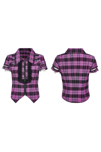 Gothic Fashion Top - Plaid Print Hollow Lace, 2 Colors, Plaid, Women's Style, Printed - additional product view 10