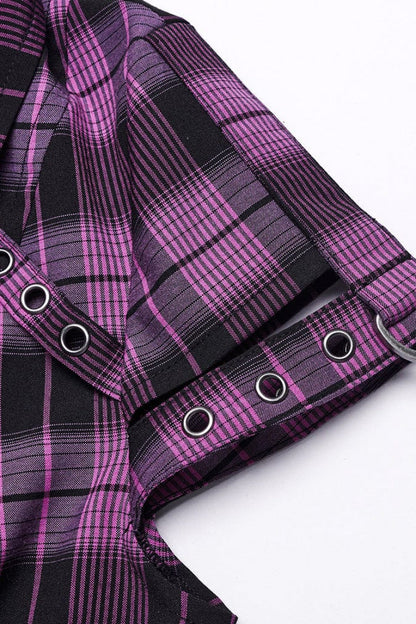 Gothic Fashion Top - Plaid Print Hollow Lace, 2 Colors, Plaid, Women's Style, Printed - additional product view 14