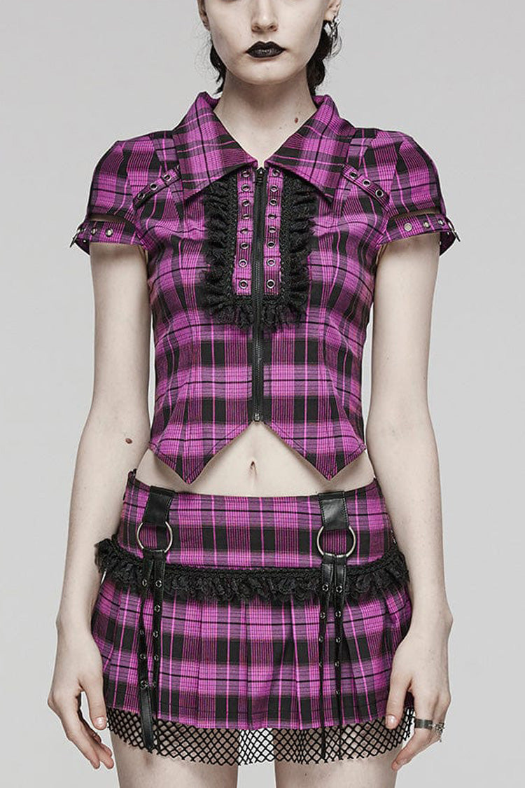 Gothic Fashion Top - Plaid Print Hollow Lace, 2 Colors, Plaid, Women's Style, Printed - main product image