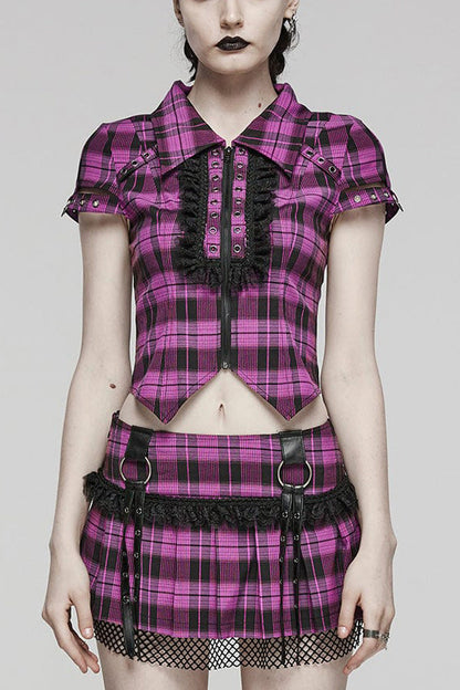 Gothic Fashion Top - Plaid Print Hollow Lace, 2 Colors, Plaid, Women's Style, Printed - main product image