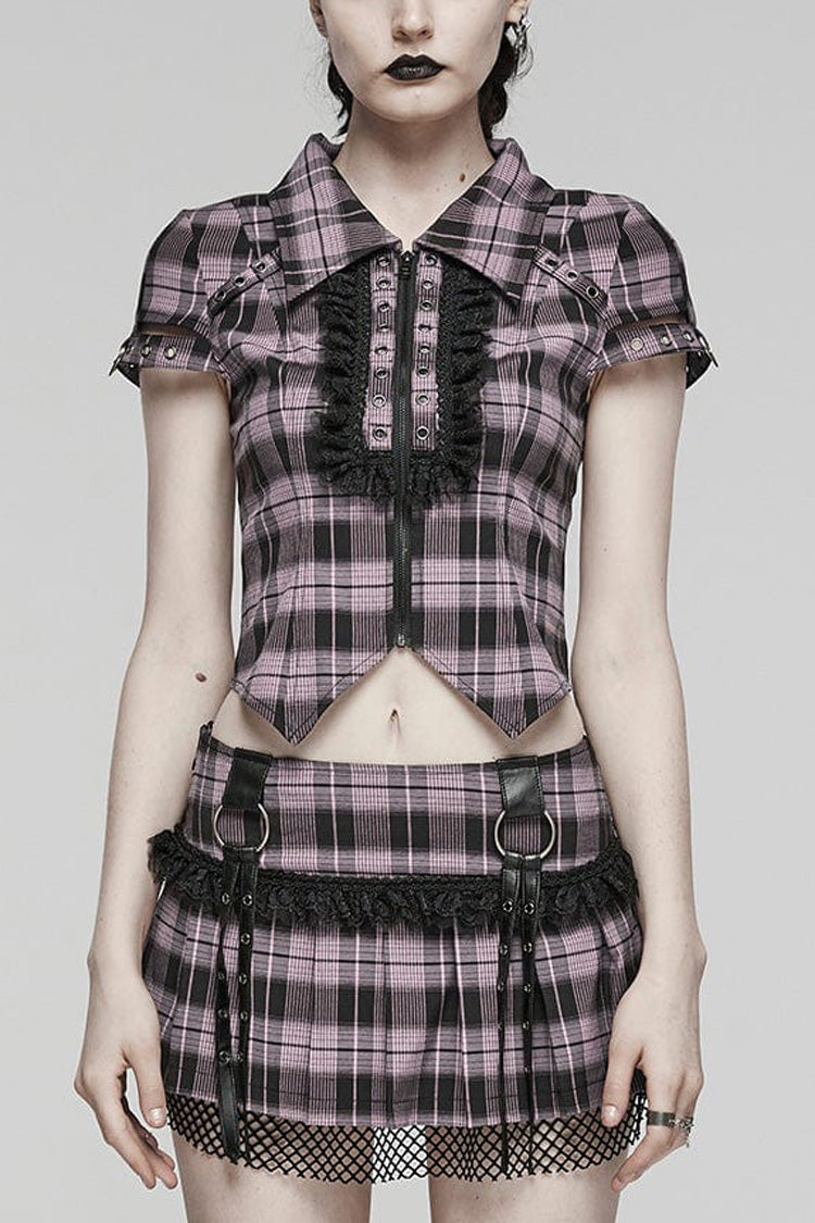 Gothic Fashion Top - Plaid Print Hollow Lace, 2 Colors, Plaid, Women's Style, Printed - XS Black/Pink / S Black/Pink / M Black/Pink option