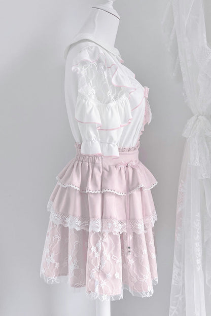 Gothic Fashion Top - White/pink, 2 Colors, Bow Detail, Lace Trim, Ruffled - additional product view 2