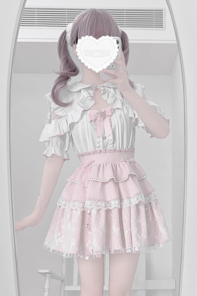 Gothic Fashion Top - White/pink, 2 Colors, Bow Detail, Lace Trim, Ruffled - additional product view 3
