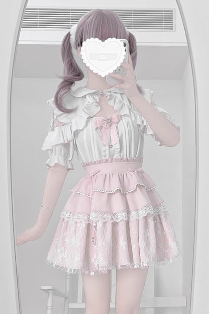 Gothic Fashion Top - White/pink, 2 Colors, Bow Detail, Lace Trim, Ruffled - additional product view 3