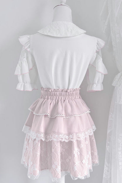Gothic Fashion Top - White/pink, 2 Colors, Bow Detail, Lace Trim, Ruffled - additional product view 4